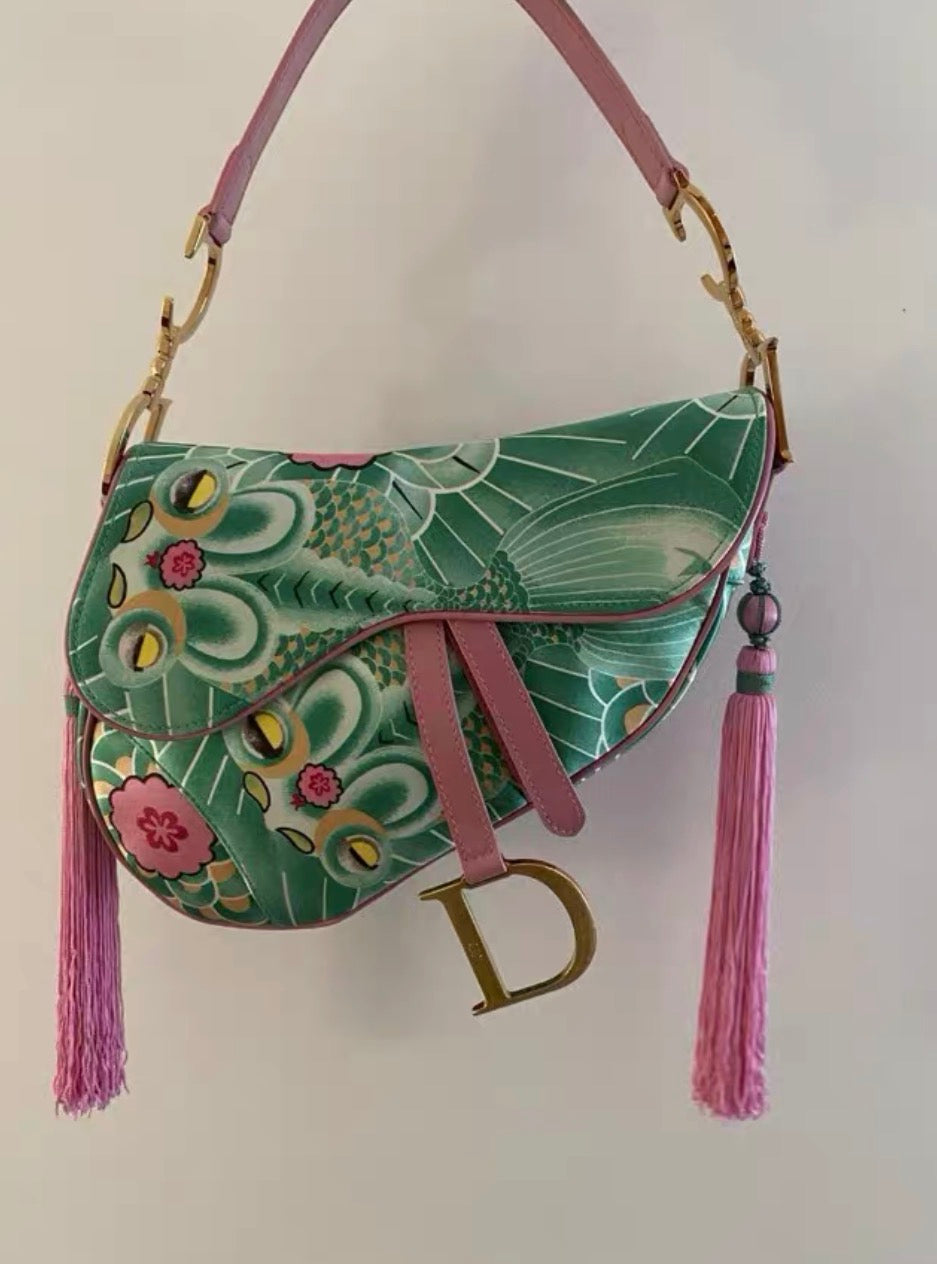 Dior Green Pink Satin Tassel Koi Saddle Bag