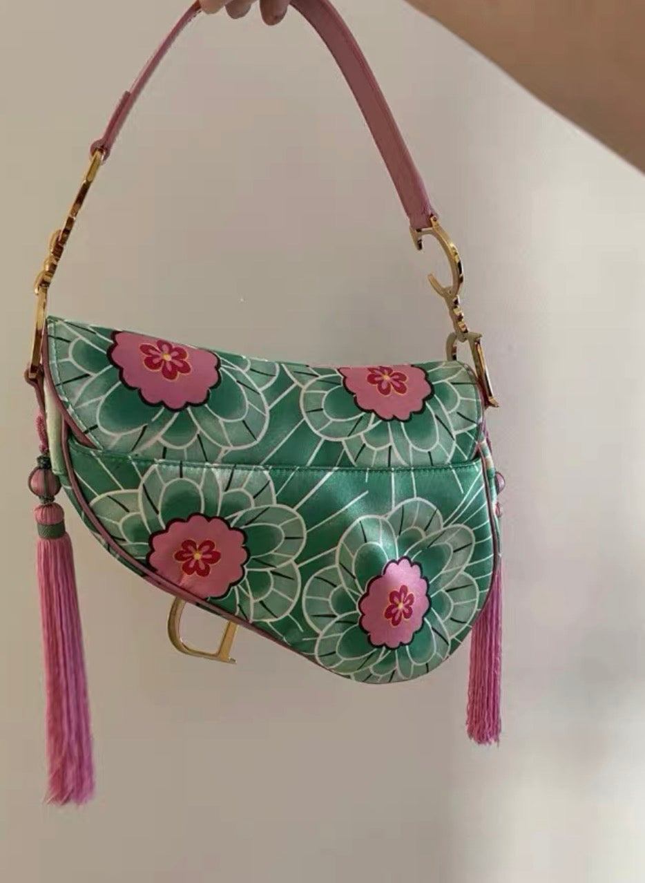 Dior Green Pink Satin Tassel Koi Saddle Bag