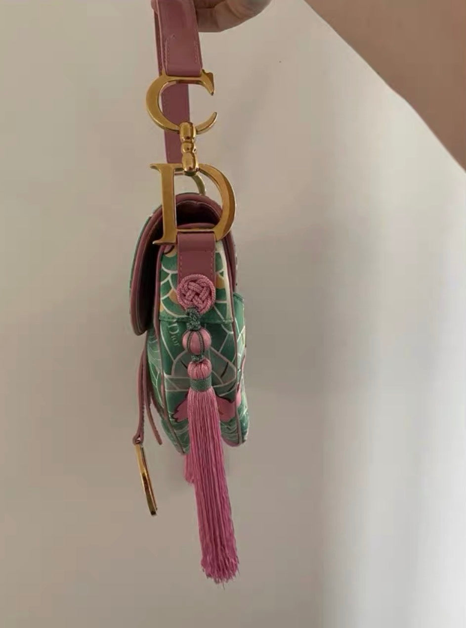 Dior Green Pink Satin Tassel Koi Saddle Bag
