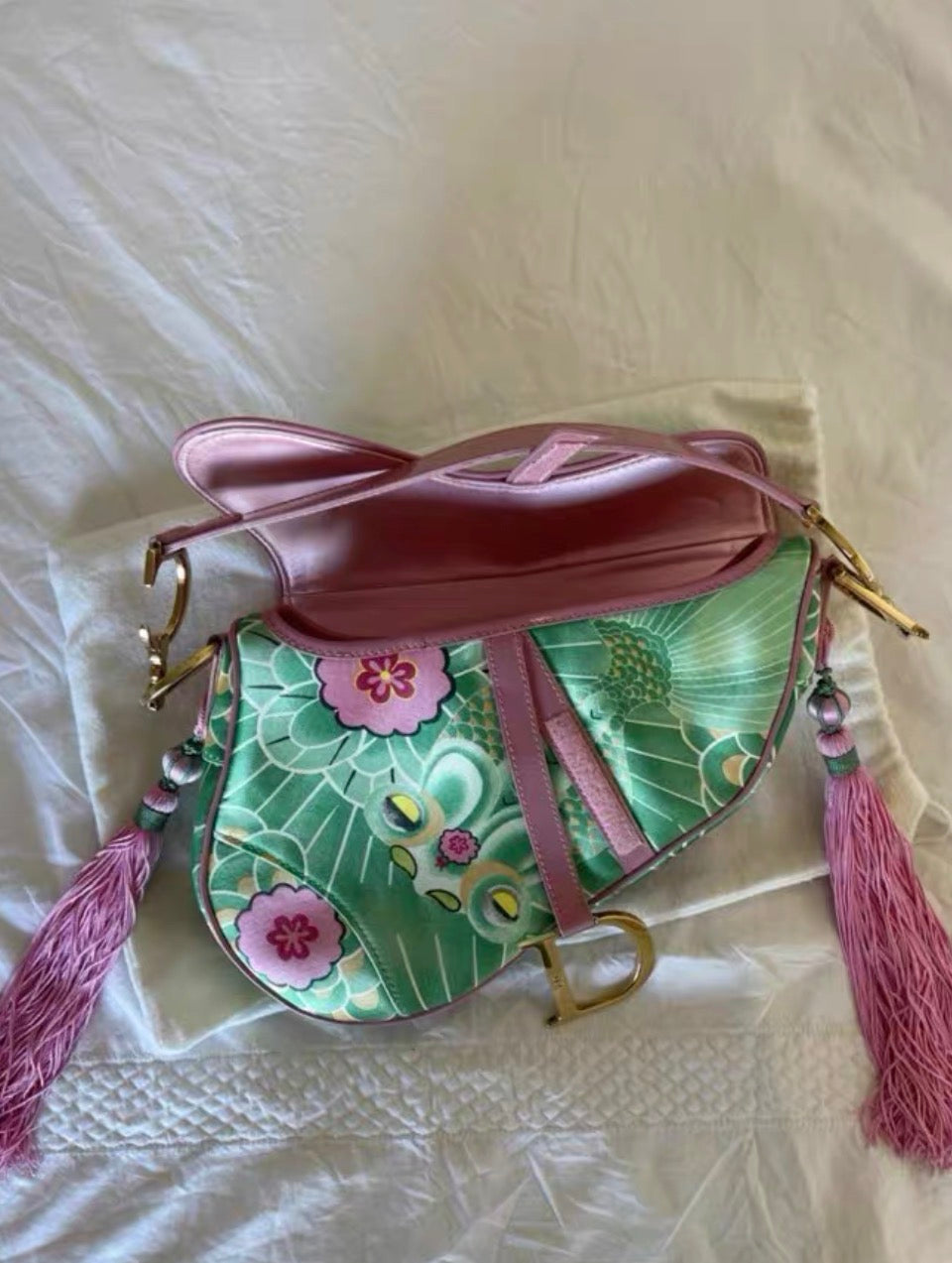 Dior Green Pink Satin Tassel Koi Saddle Bag