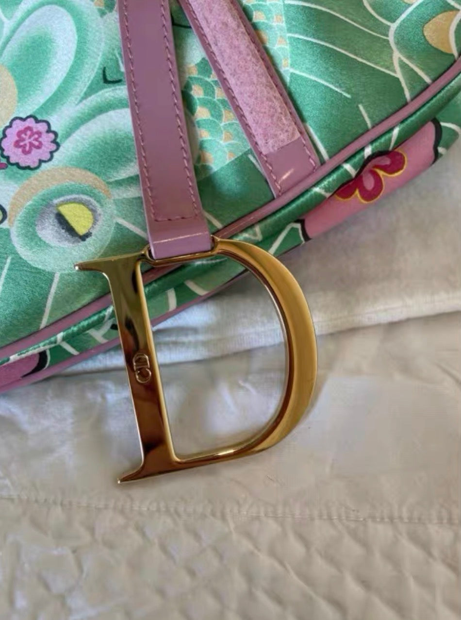 Dior Green Pink Satin Tassel Koi Saddle Bag