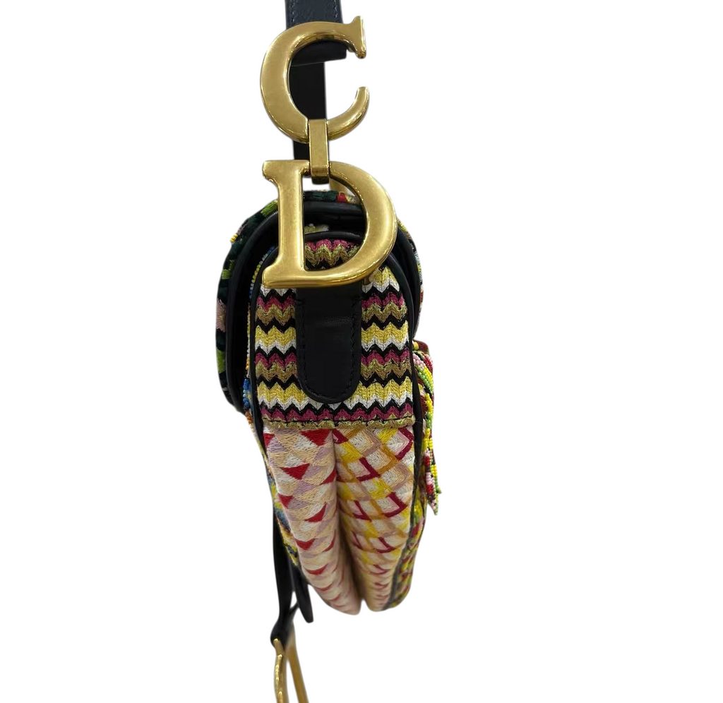 Dior Embroidered Fringe Beaded Medium Saddle Bag Green Multicolor
