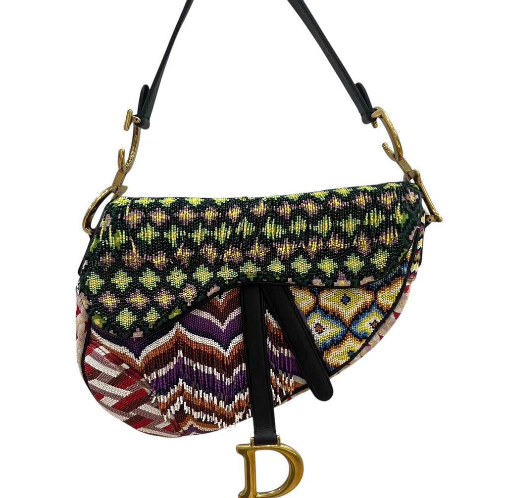 Dior Embroidered Fringe Beaded Medium Saddle Bag Green Multicolor