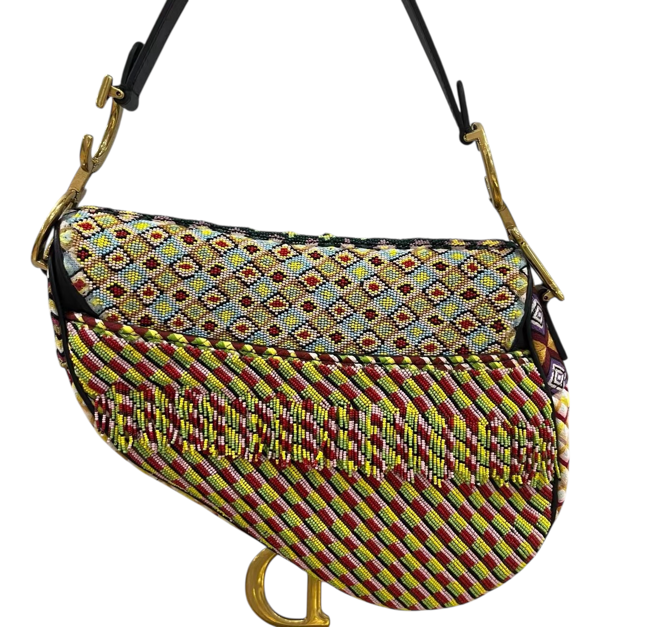 Dior Embroidered Fringe Beaded Medium Saddle Bag Green Multicolor