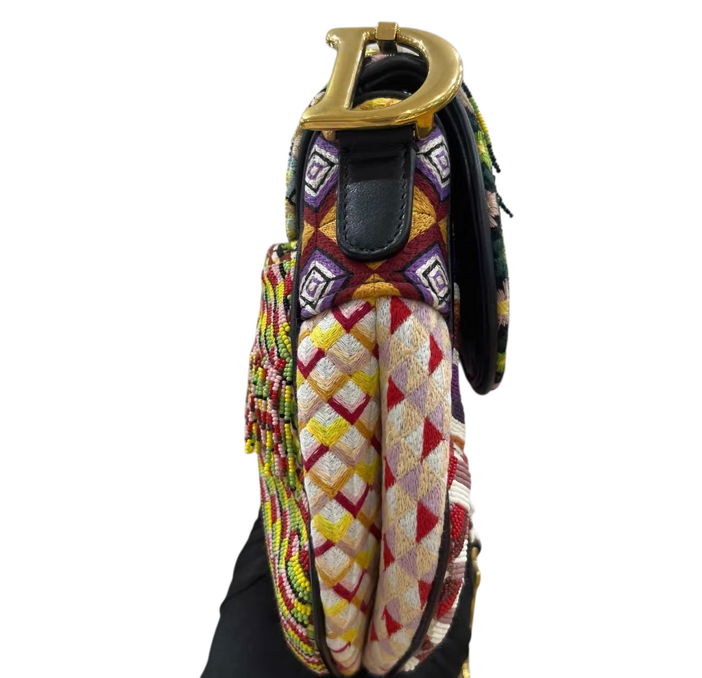 Dior Embroidered Fringe Beaded Medium Saddle Bag Green Multicolor