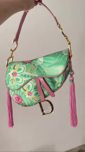 Dior Green Pink Satin Tassel Koi Saddle Bag